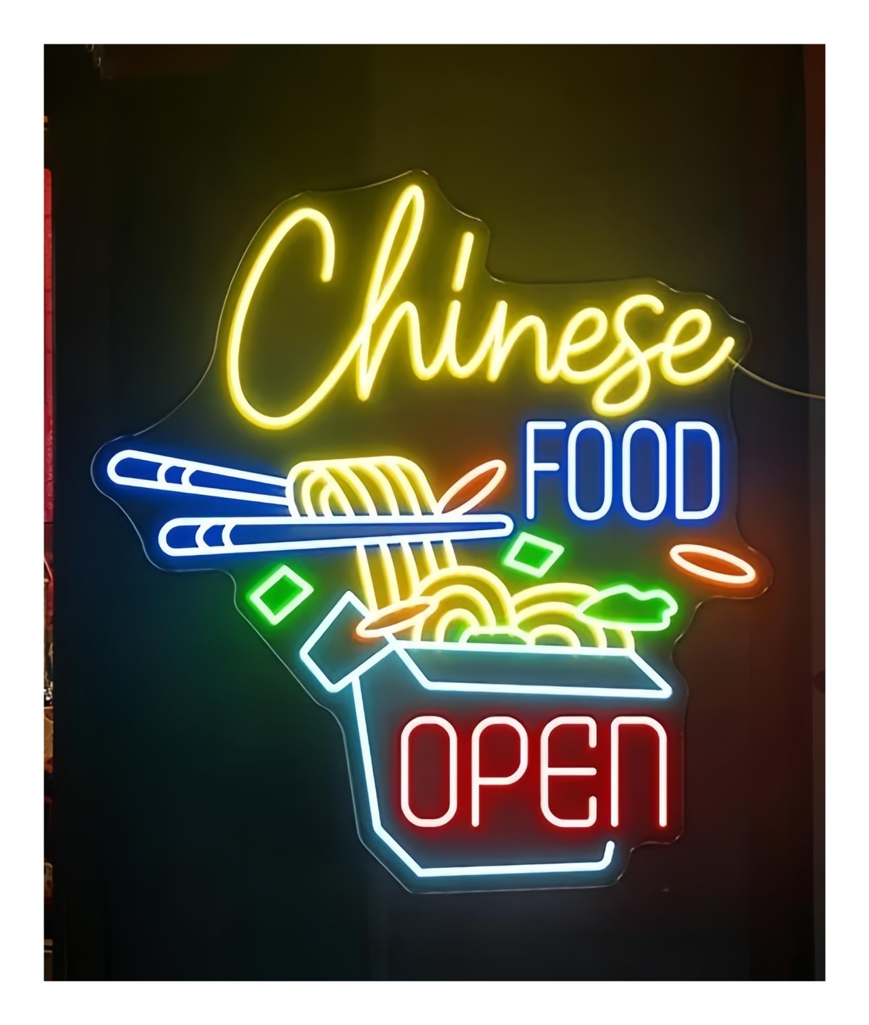 Shouxi D Sign Lamp Chinese Foo Open Neon Sign Ramen Bowl Noodles Restaurant Kitchen Bar Ecoration Business 60Cm(D)