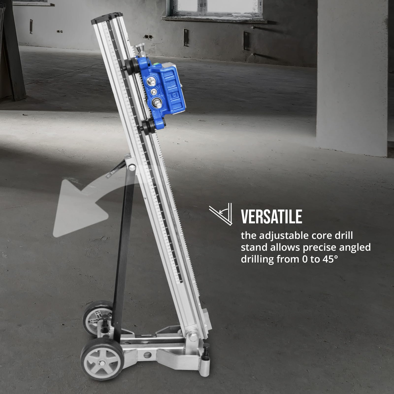 MSW stojak do wiertarki rdzeniowej, pochylony od 0 do 45°, średnica wiercenia do 480 mm skok do 760 mm, 2 rolki mobilny stojak wiertarski