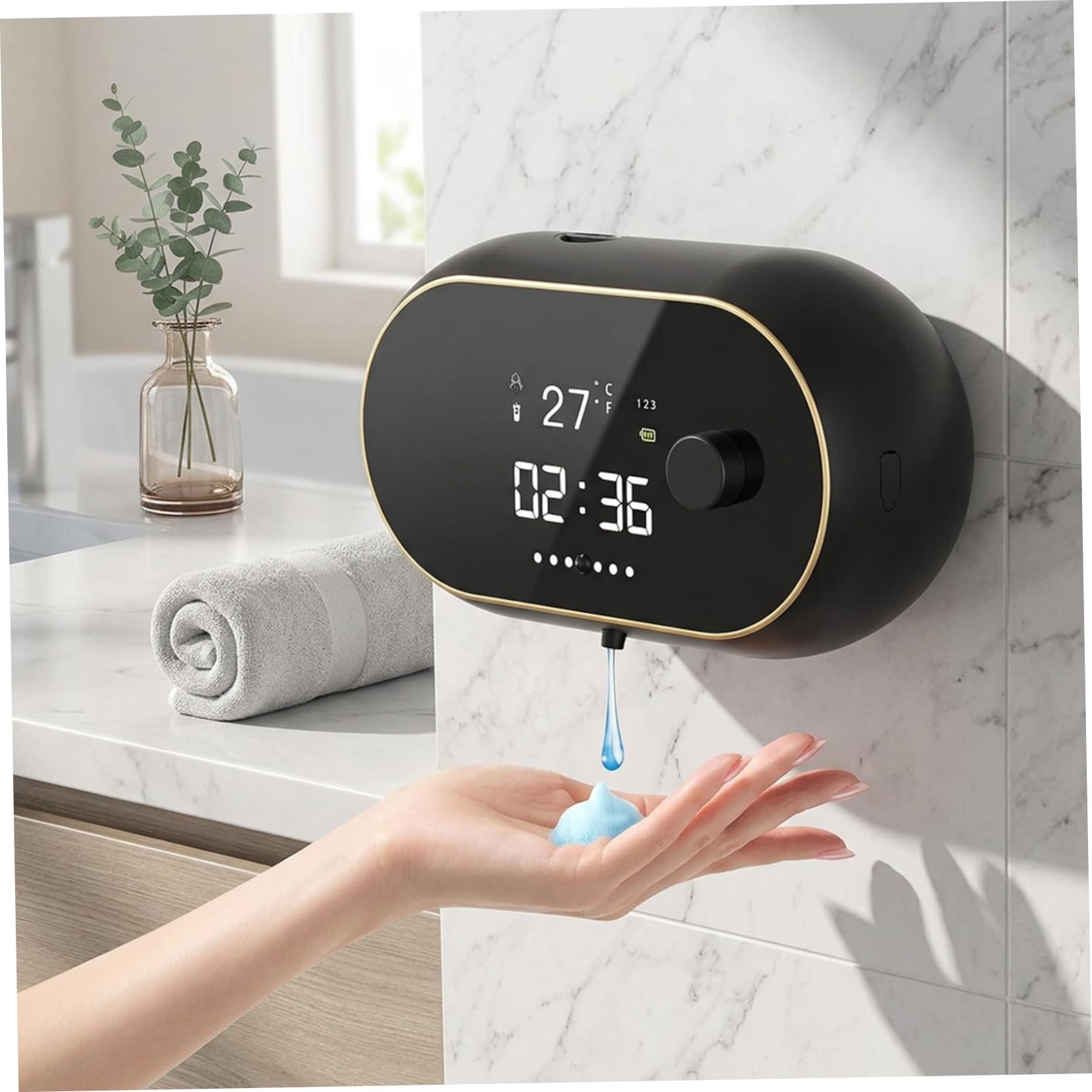 Dispenser di Sapone Automatico da Parete, Dispenser di Sapone Ricaricabile a Mani libere con Display a LED e Orologio per Cucina e Bagno, Nero