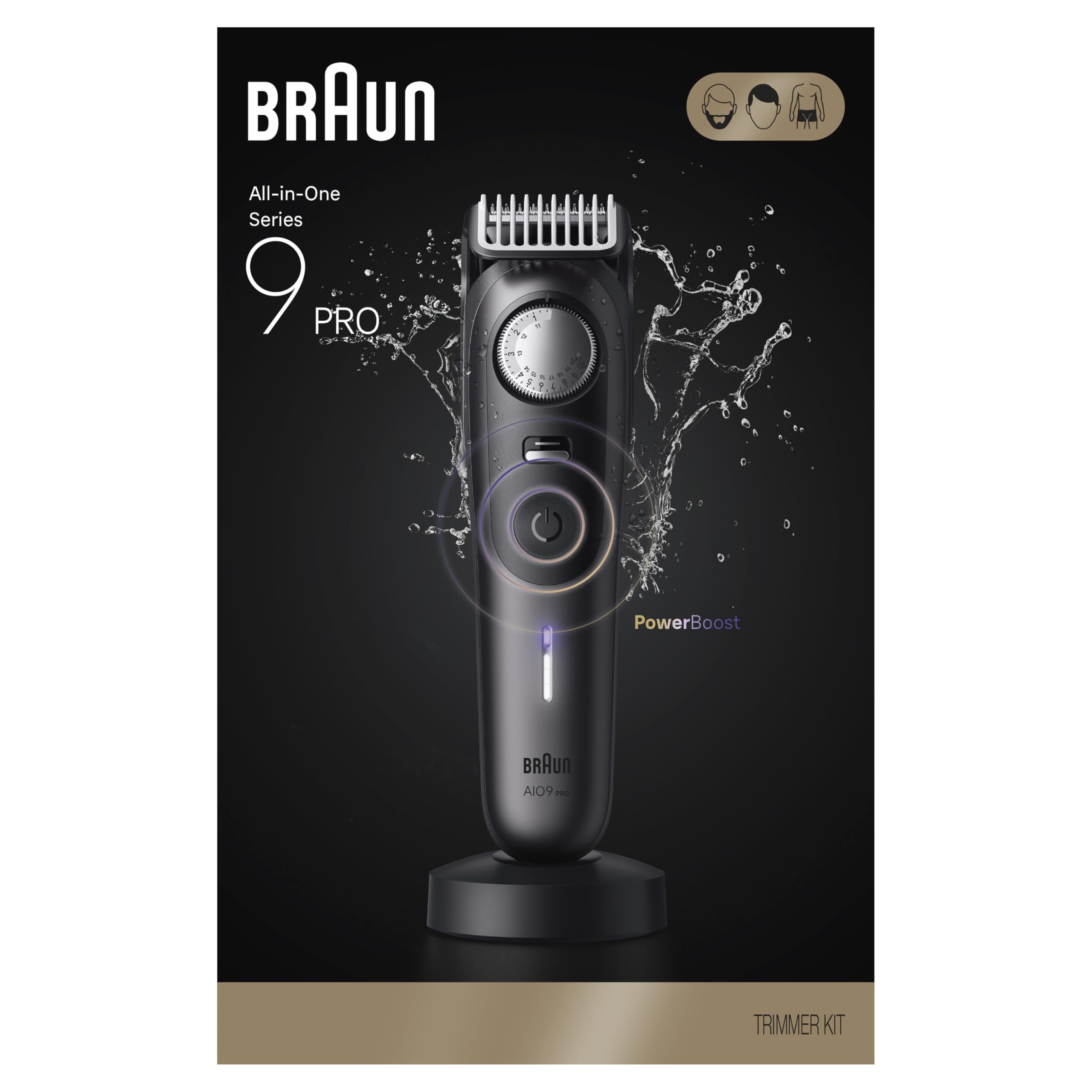Braun Kit de rasage tout-en-un pour homme série 9 AIO 9555, barbe, visage, nez, oreille, tondeuse à cheveux, tondeuse pour le corps et manscaping