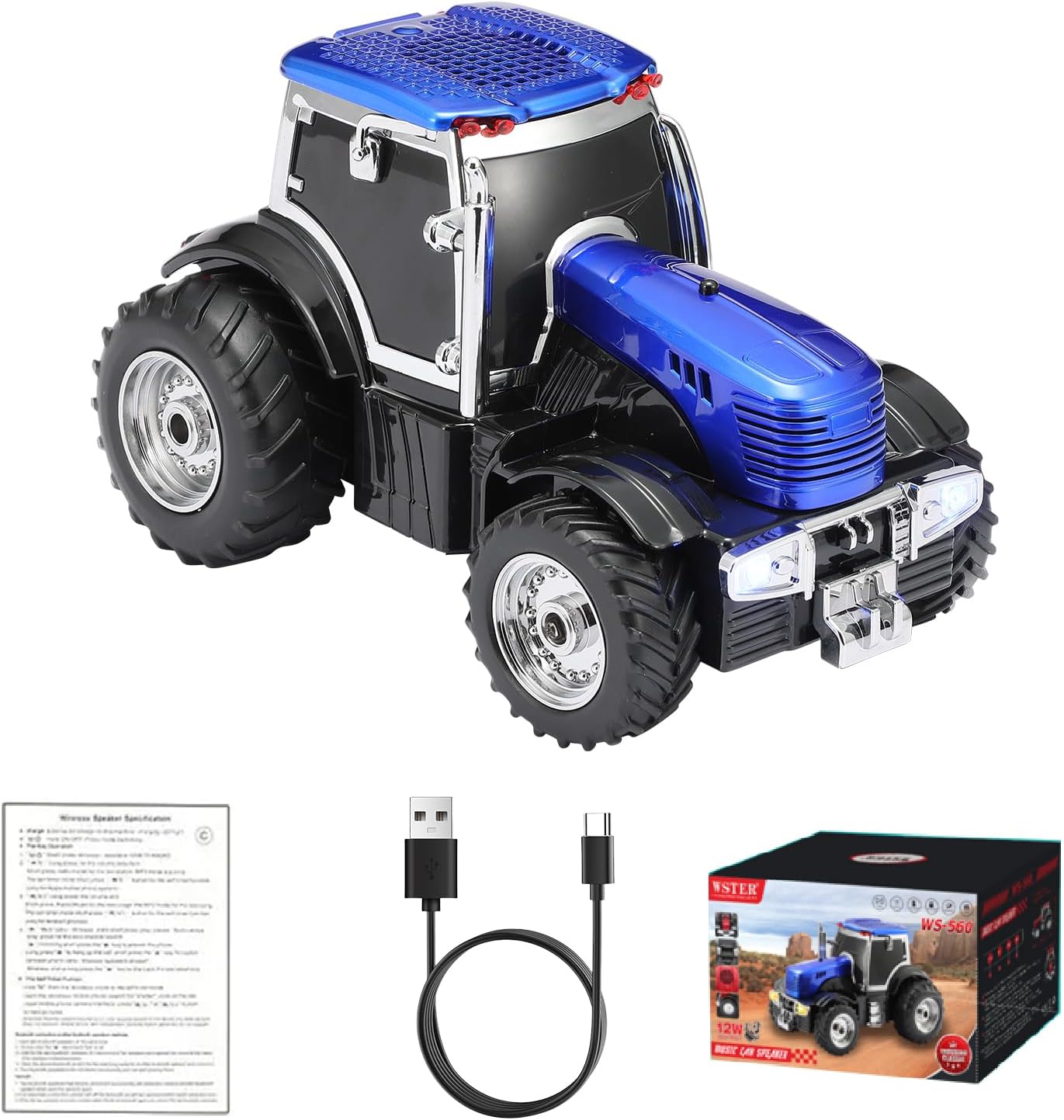 WSTER WS-560 Modern Tractor Bluetooth Replica Speaker – Portable Wireless Speaker with HD Sound, TWS, LED Party Light, USB/TF, FM, Built-in Microphone, Surprise Gift (Blue)