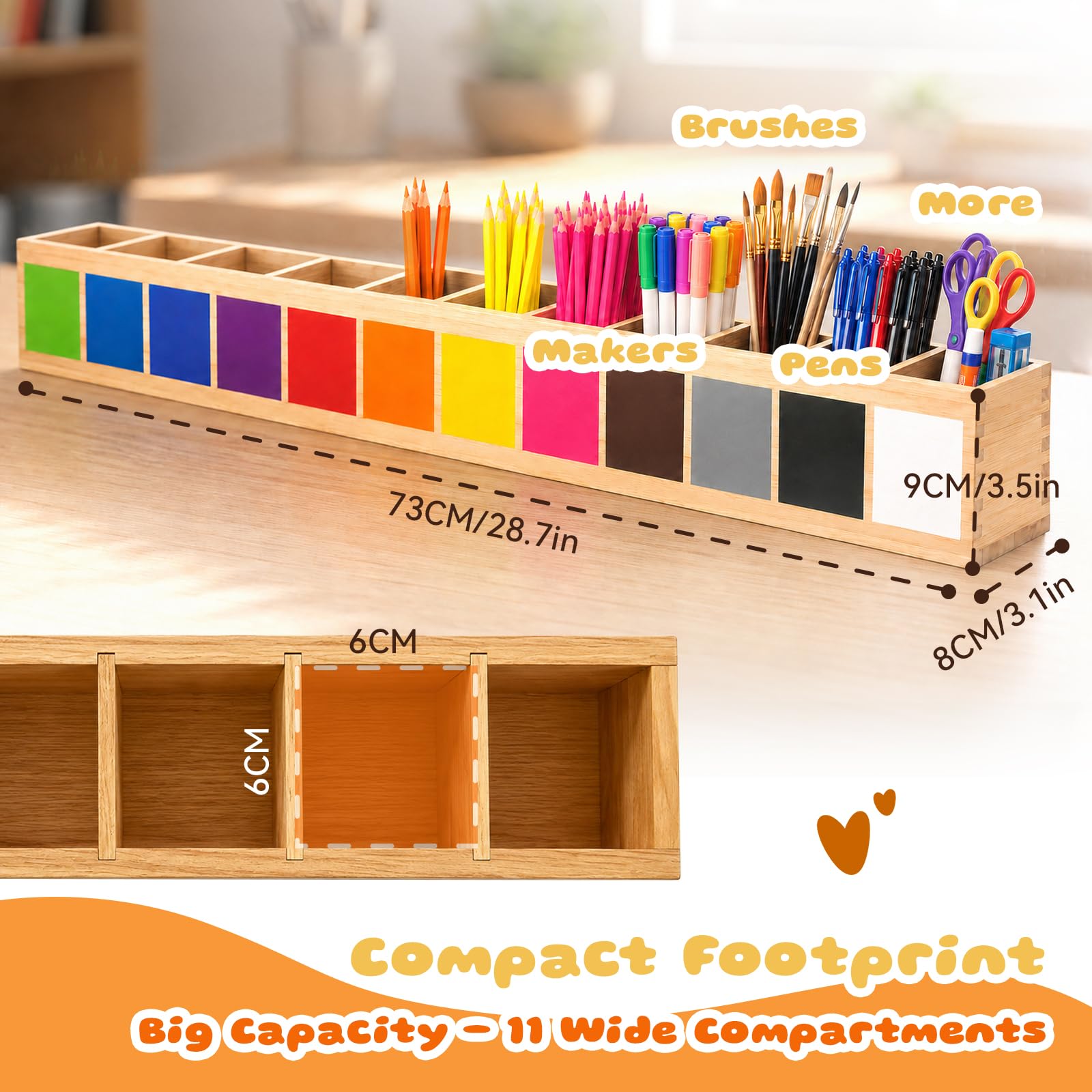 Pot à Crayons de Couleur en Bois 73 x 8 x 9 cm, Montessori Pot à Crayon Bois Massif à 11 Compartiments Rangement de Bureau pour Crayons de Couleur et Pinceaux, Idéal pour École Bureau Maison