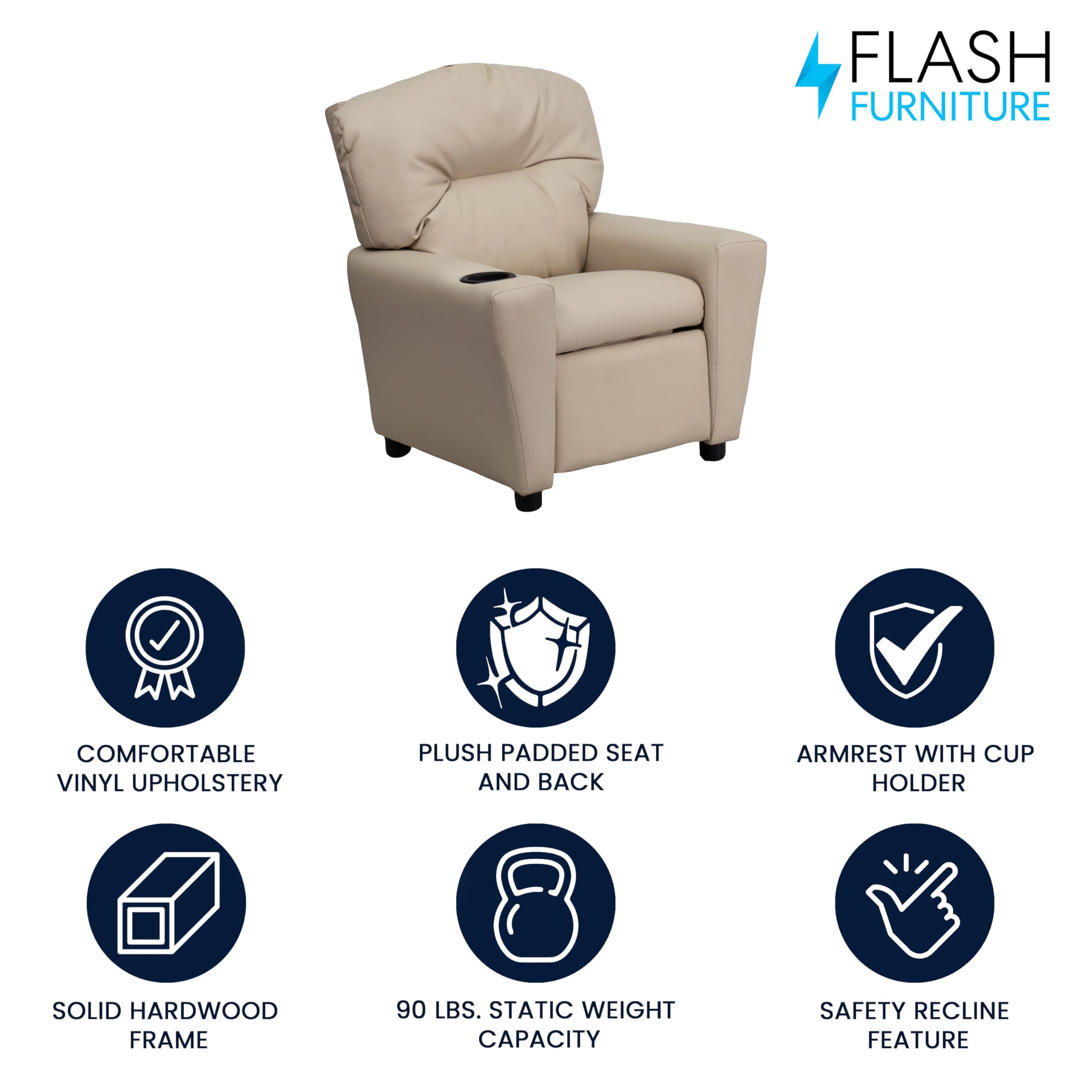 Flash Furniture Współczesny leżak dziecięcy z uchwytem na kubki, drewno, beżowy winyl, 66,04 x 53,34 x 53,34 cm