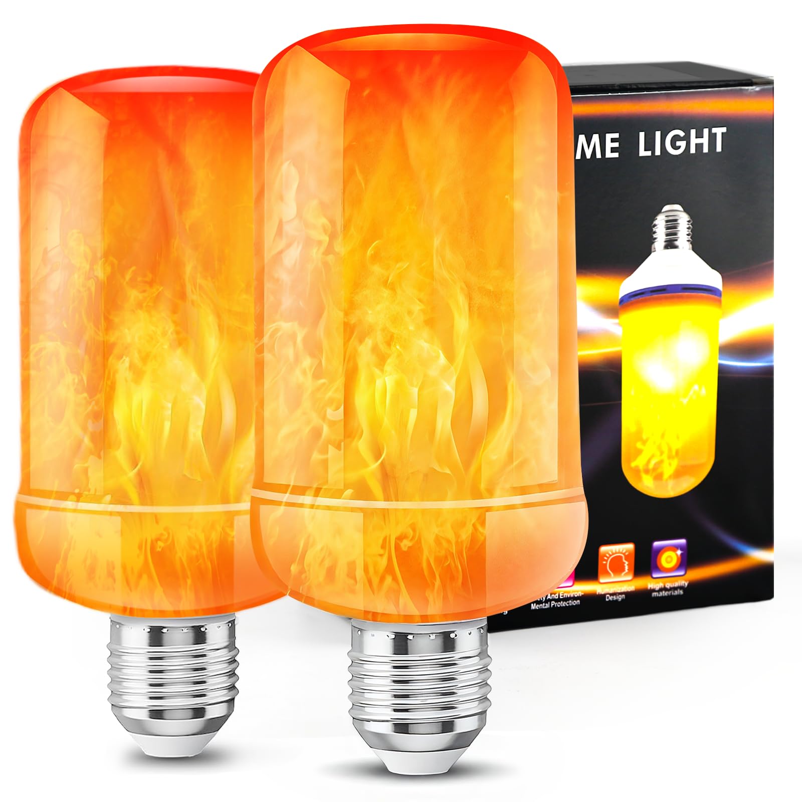 View 1 of [one bulb non-functional] LED Flame Light Bulbs (2 Pack), 4 Modes Flickering Light Bulbs with Upside Down Effect, E26 Base Realistic LED Fire Lights for Halloween Christmas Decorations, Indoor Outdoor Party Home Decor (Yellow)