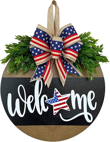 Decoración patriótica de granja para el hogar, letrero de bienvenida del 4 de julio, placa de madera, decoración de Día de los Caídos, corona