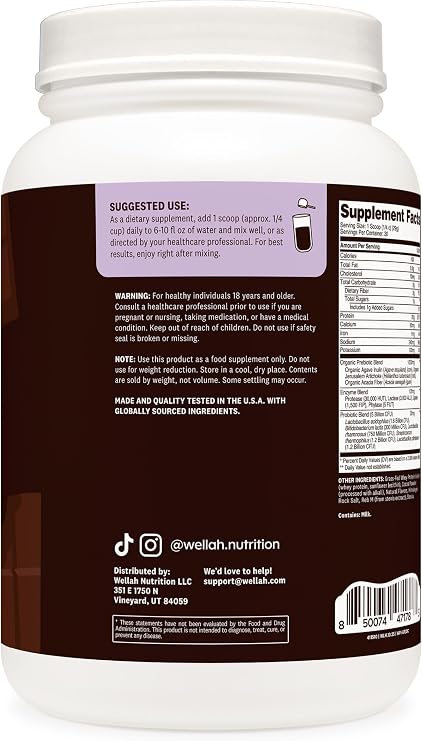 Wellah Grass-Fed Whey Protein Isolate Powder (Dark Chocolate) 30 Servings - with Prebiotics, Enzymes & Probiotics, 20g of Protein, 100 Calories, Naturally Sweetened