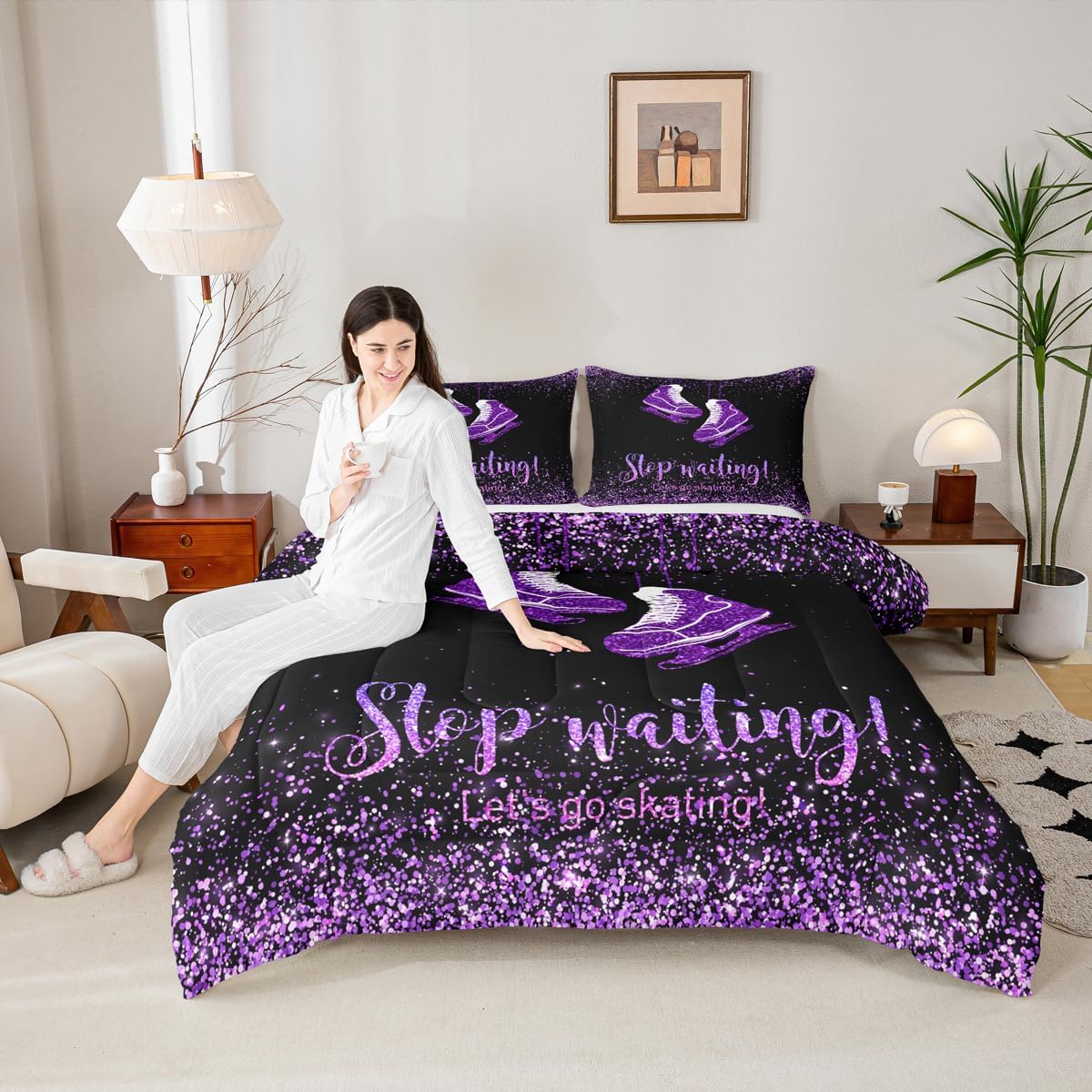 Homewish Skate Shoes Comforter Set Twin Size,Ice Skating Game Bedding Set 2pcs for Kids Teens Girls Boys Room Decor, Extreme Sport Quilt Set Glitter Purple Duvet Insert with 1 Pillowcase