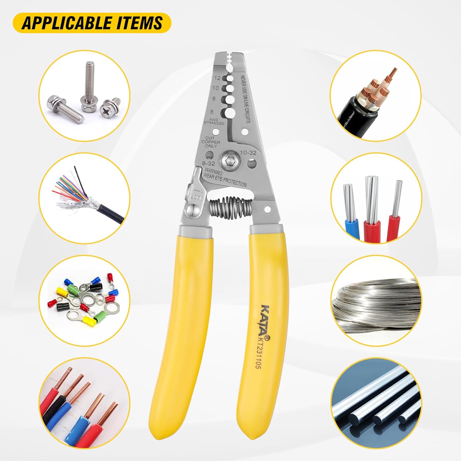 KATA 7 Inch Wire Stripper, Wire Cutter, Stripping/Cutting Tool for 6-12 AWG Stranded Wire and Shearing 8-32 Screws, Multi-function Electrician Stripper/Crimper Plier for Cable Stripping Cutting