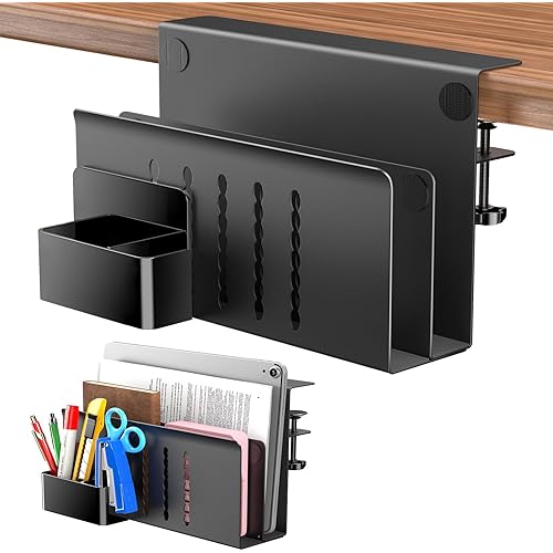2 Tier Desk Organizer, Desk Side Storage, Laptop Stand, Under Desk Storage, Laptop Holder, Steel Hanging Desk Organizer with Magnetic Pen Holder, Desk Storage Holder for Office and Home