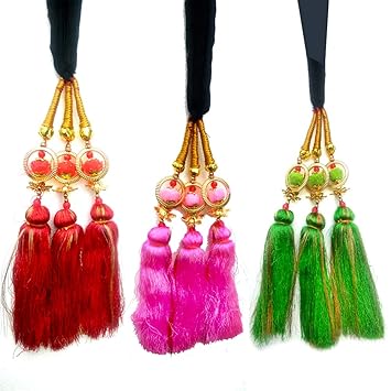 Unik Paranda Parandi Braid Tassles Hair Accessory For Women & Girls Hair Extension Choti Braid Tassles Prandi (3 Pieces, Red, Pink, Green)