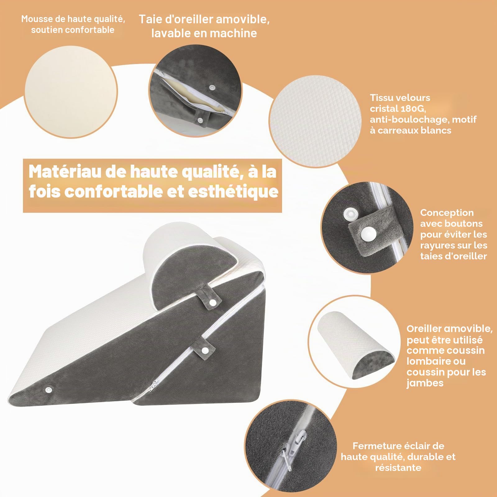 Traversin réglable pour lit, oreiller de lecture pour lit et canapé, oreiller anti-reflux en mousse, coussin dorsal, pour l'apnée du sommeil, lecture, élévateur de sommeil, coussin pour les