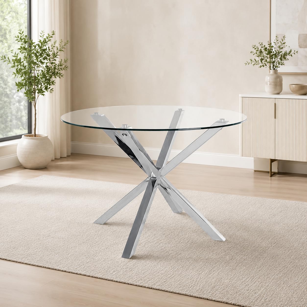 Mesa de Comedor Redonda 120 cm – Mesa de Cocina de Cristal Templado para 4-6 Personas – Mesa Redonda Moderna con Patas de Acero, Montaje Fácil, Carga 70 kg, Gris