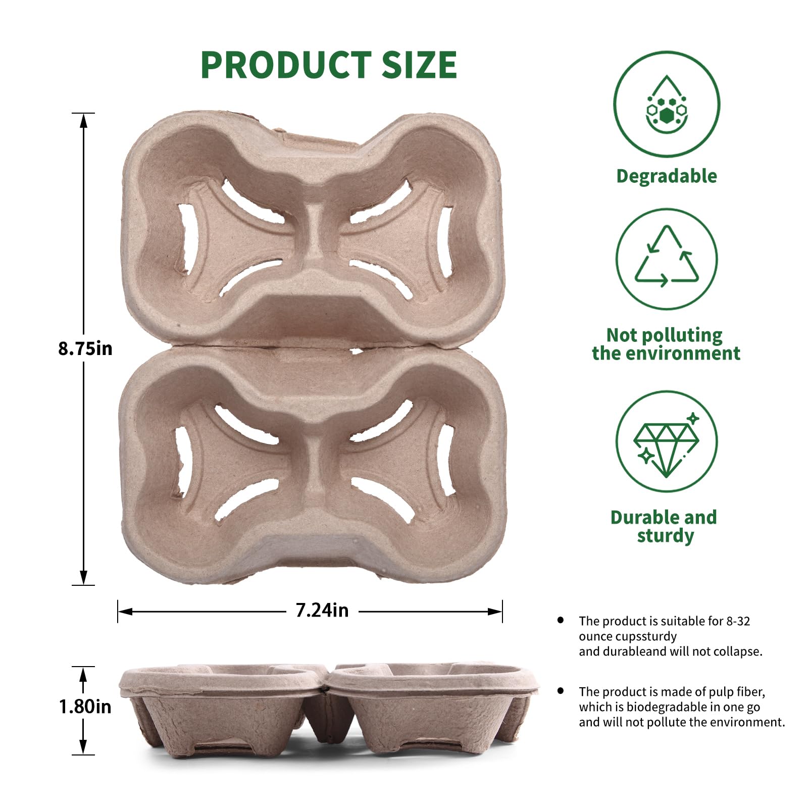 Tearable 4 to 2 Cup Drink Carrier - Biodegradable Convertible Cup Holder for Hot/Cold Beverages (8oz-32oz) - Pulp Fiber to Go for Restaurants, Takeout/Delivery (100 Pack)