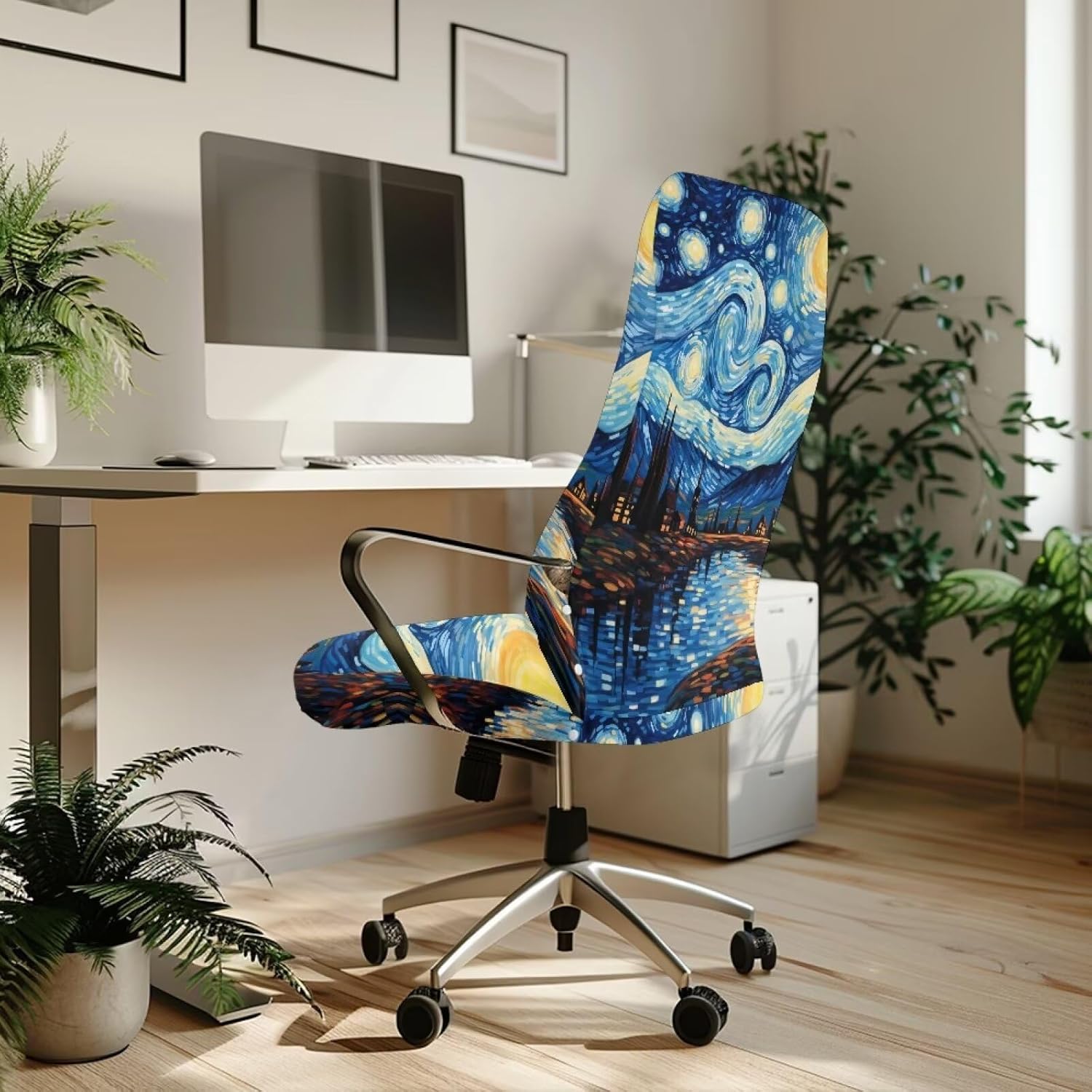 Van Gogh Starry Night Office Chair Cover Stretchable Swivel Computer Desk Chair Slipcovers with Elastic Bottom One Piece Seat Covers for Armrest Chairs High Back Chair -L