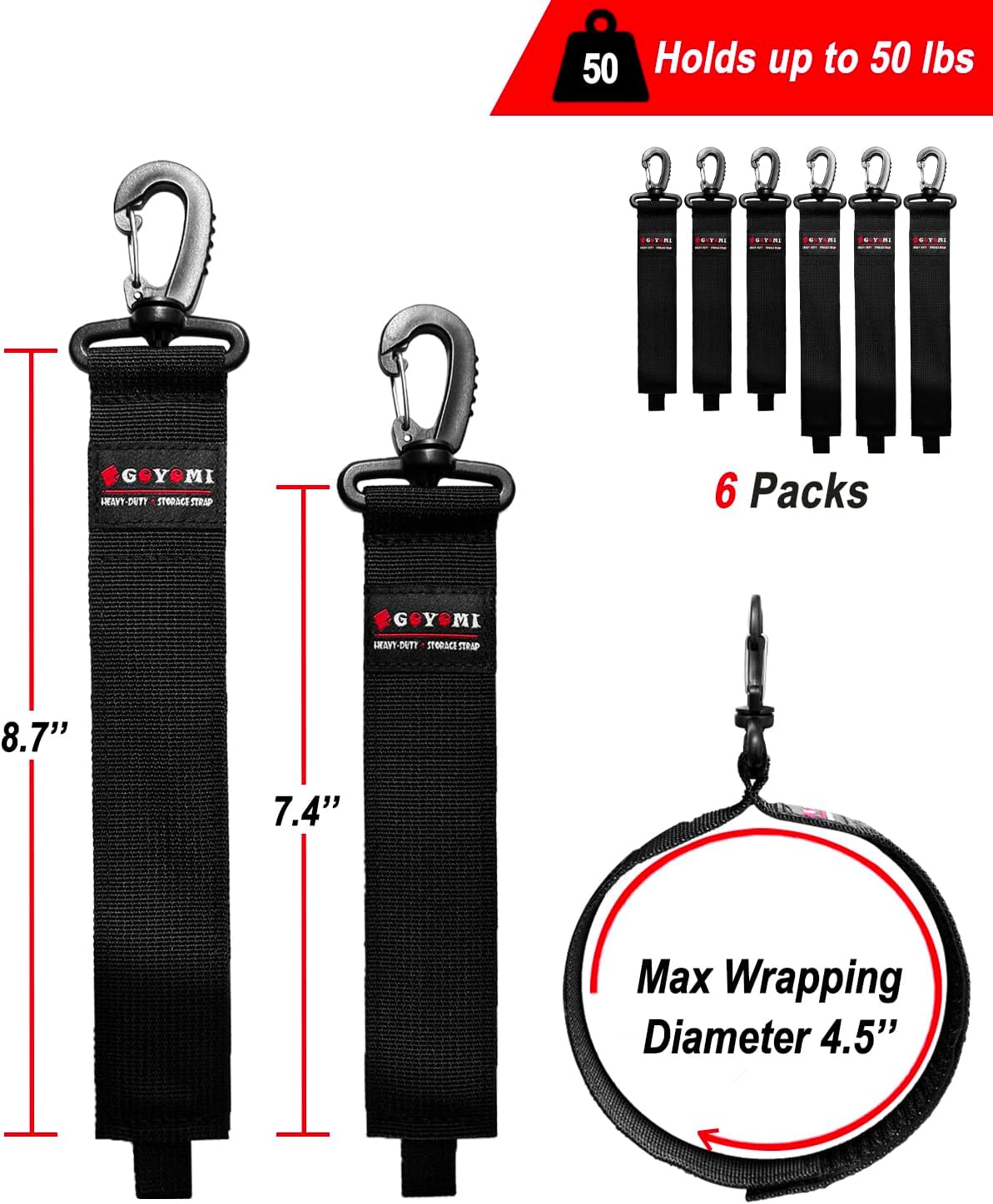 6 Pcs Extension Cord Holder Organizer, Heavy Duty Storage Straps for Cables, Hoses, Rope, RV, Garage Storage and Organization, Assorted Size