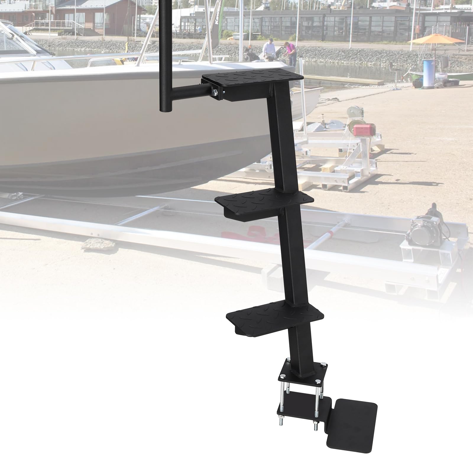 Garvee Bootstrailer Treppe Aus Metall, 3 Stufen Bootstreppe Mit Handlauf, Robuste Trailer Einstiegshilfe Mit Bodenstufe, Schwarz, Für Boot & Anhänger