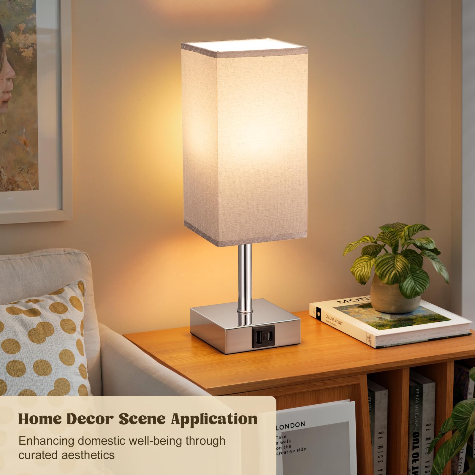 Aooshine Grey Bedside Lamp, Small Lamps with Square Fabric Shade,Silver Base(Bulb Included), B-grey - Image 2
