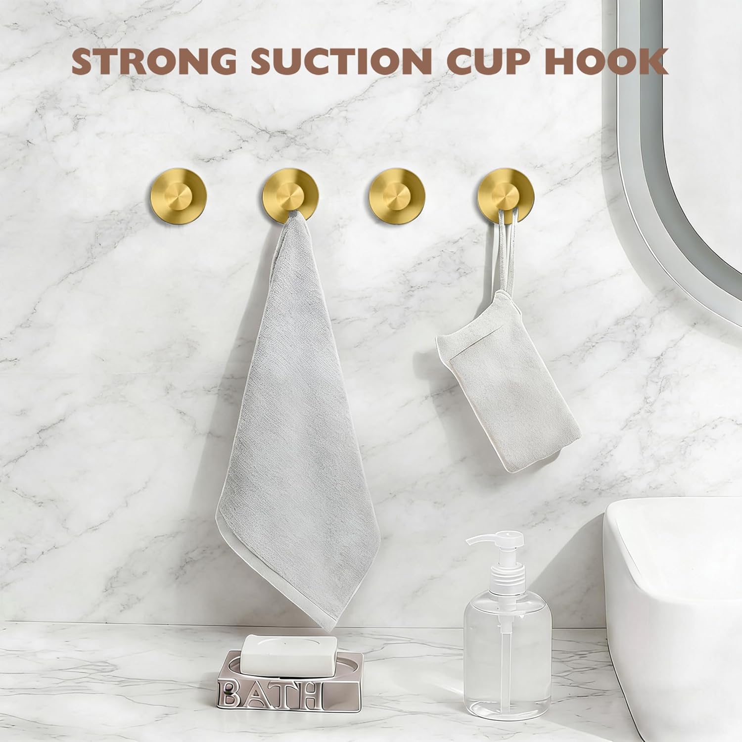 MOTAIPEAK Suction Cup Hooks for Shower,Upgraded Strong Suction Hooks for Inside Shower,Removable Towel Hooks for Bathroom, Glass, Window, Tile,Waterproof & Reusable, No Drilling,Gold (4 Pack)