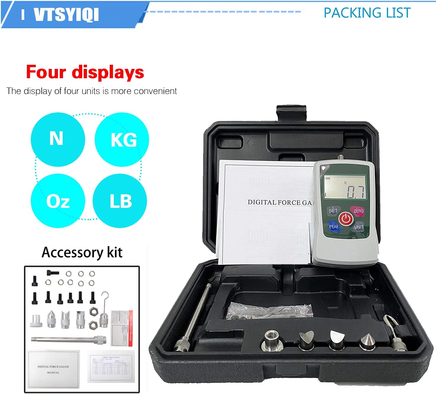 Force Gauge Digital Force Gauge Push and Pull Tester Meter Dynamometer With 4 Units 300N 30kgf 65Lbf 1080Oz LCD digital display