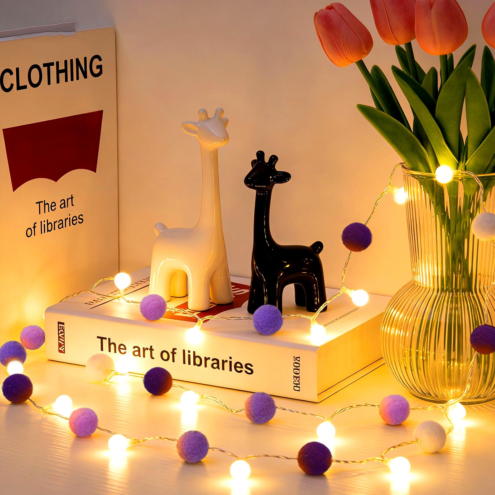 Photo 1 of FIALAME LED String Lights with Pom Poms, 9.8FT Cute Pom Poms Fairy, Battery Operated with Timer, String Light for Kids Bedroom Birthday Party Wedding Valentine's Day