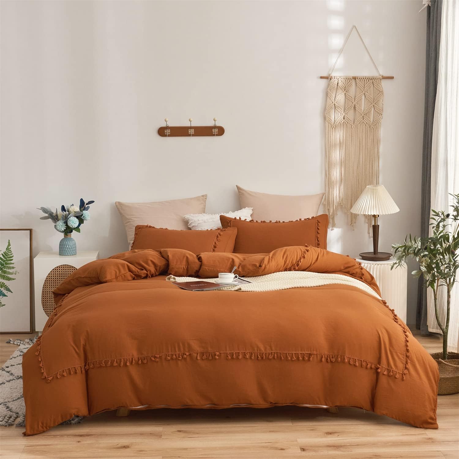 SOUKECHY Terracotta Orange Boho Bedding, Twin Tufted Tassel Fringe Farmhouse Duvet Cover,Boho Chic BeddingSolid Color,100% Washed Microfiber,Lightweight for All Season (Terracotta, Twin)