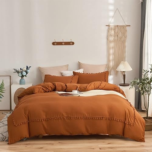 Miniatura 2 de Ropa de cama bohemia y elegante funda de edredón con flecos y borlas color liso 100 microfibra lavada ligera para todas las estaciones terracota