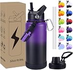 Insulated Water Bottle, 32 oz Stainless Steel Wide Mouth Water Bottles with 2 Leak Proof Lid and Paracord Handle, Double Wall Vacuum Insulated Sports Water Bottle, Gradient Purple