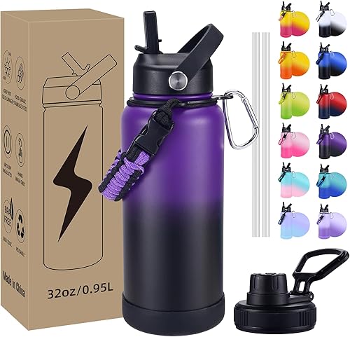 Miniatura 18 de Botella de Agua Aislada, botellas de agua de boca ancha de acero inoxidable de 32 onzas con 2 tapas a prueba de fugas y mango de paracord, botella