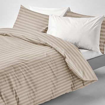 Imperial Rooms King Size Duvet Cover Sets Reversible Stripes Satin Bedding Set with Pillowcases Breathable Microfiber Duvet Covers (Beige 230x220 Cm)