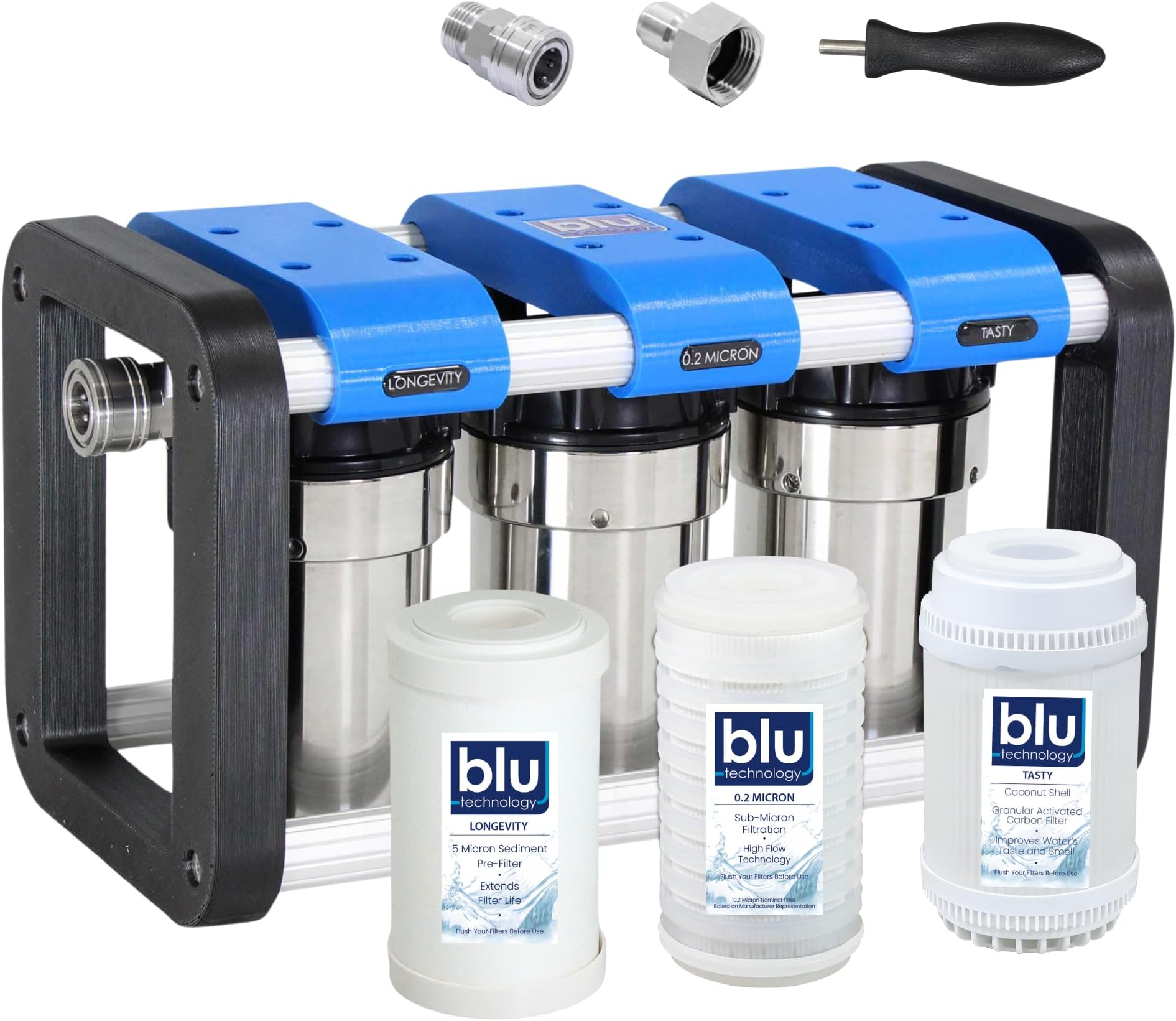 GoBluTech R3, RV Water Filter System, 0.2 Micron Filter for Campers with Compact 5-inch Filters, 3 Stage Premium Filtration System, for RVs, Vans, and Boats - US Veteran Owned