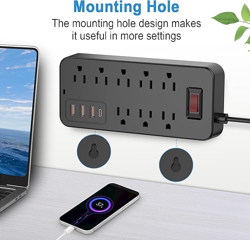 Miniatura 2 de Cable de extensión con protector de sobretensiones  Barra de alimentación trenzada de enchufe plano con 8 tomas amplias y 4 puertos USB (1 USB C),