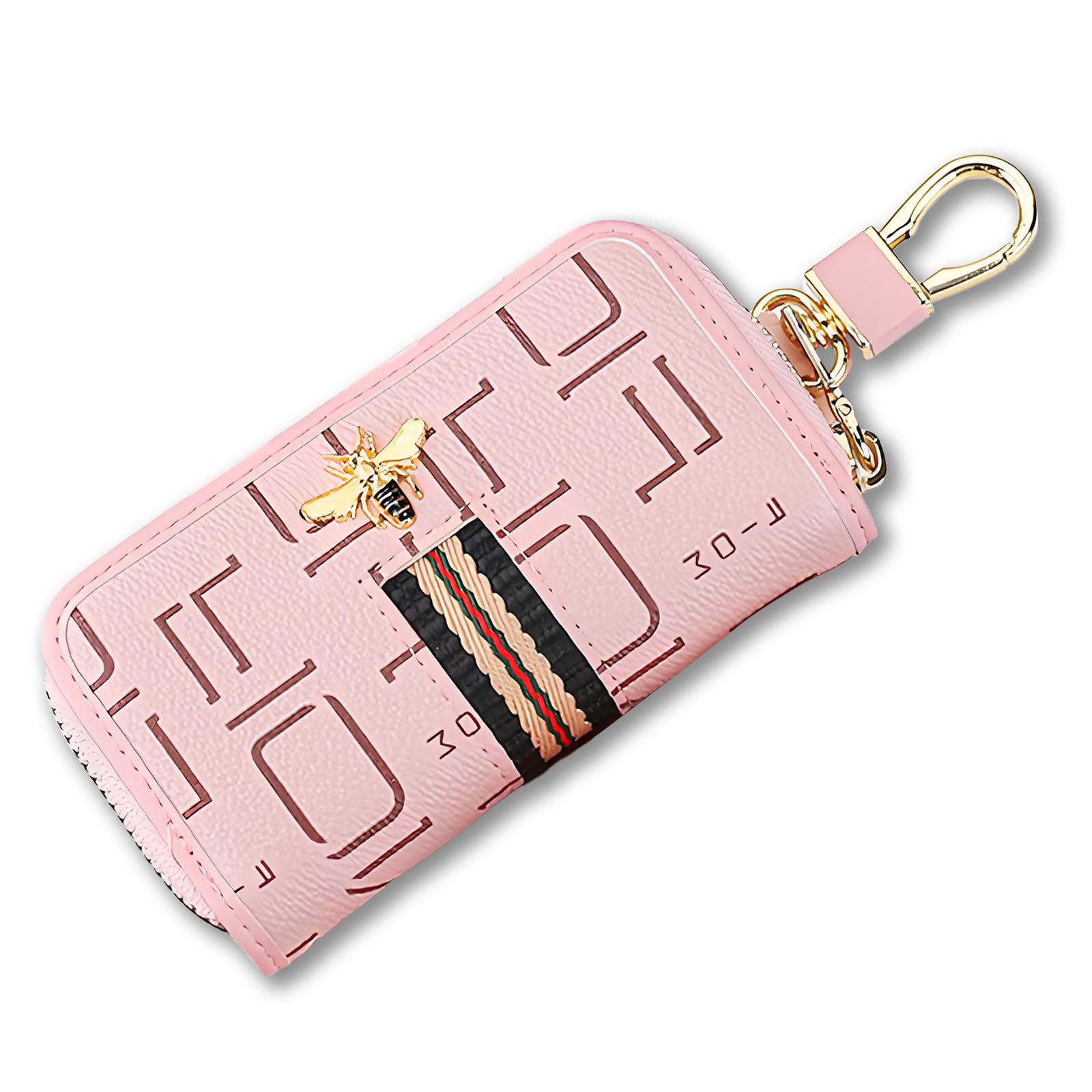 HIAHXC Car Key Case Multifunctional key fob cover Zipper Closure Keychain Pouch Leather Car Key Fob Case with Metal Hook for Men Women (Pink)