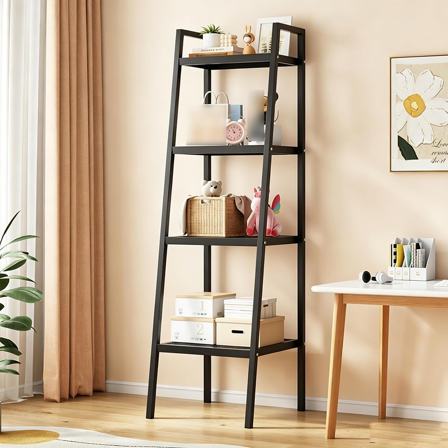 Multi-Tier Ladder Shelf Open Storage Rack, Freestanding Display Bookshelf, Metal Frame Organizer Shelving Unit for Living Room, Bedroom, Office,Black B-35CM