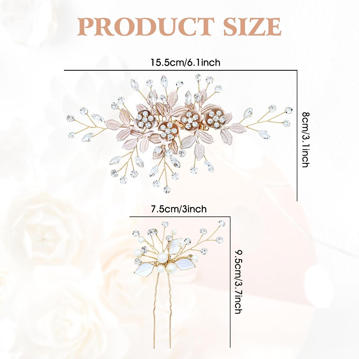 inSowni 4 Pieces Gold Metal Rhinestone Flower Wedding Bridal Hair Clip Barrette+U-shaped Pearl Leaf Hair Pins Accessories Headpieces for Women Girls Brides Bridesmaids - Image 2