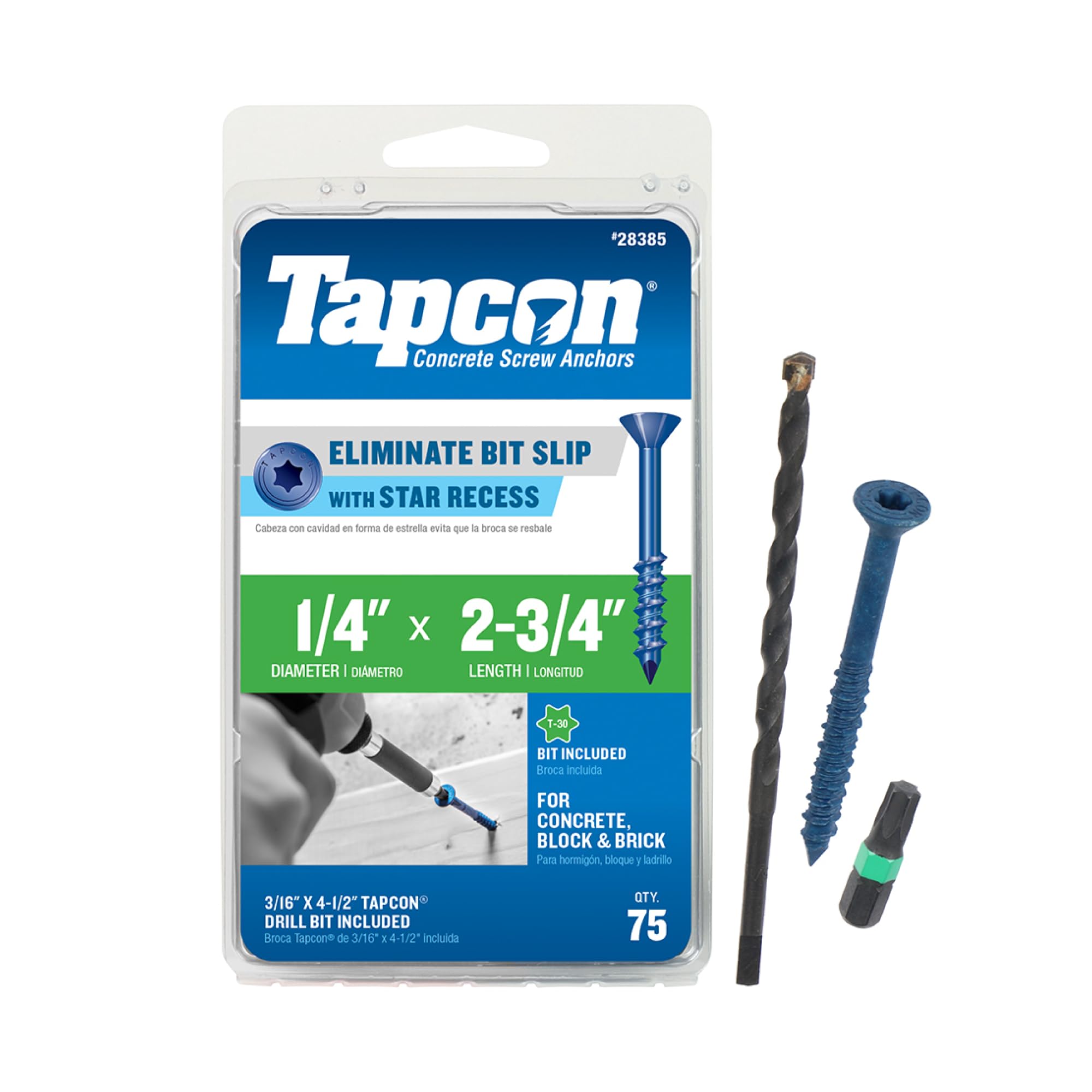 Tapcon 28385 - Anclajes de hormigón con cabeza de corneta azul de 1/4 x 2-3/4, 75/caja