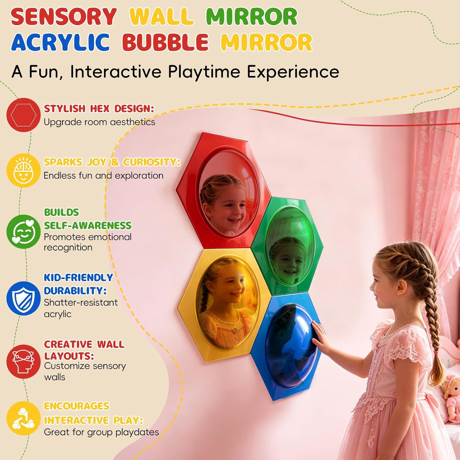 4 Pcs Honeycomb Hexagon Acrylic Sensory Bubble Mirrors for Wall, DIY Combinable Sensory Panel, Colorful Toys for Playroom & Calming Corner Supplies (Red, Yellow, Green, Blue)