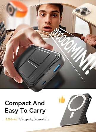 Magnetic Portable Charger, 10000mAh Power Bank with Leather Foldable Stand