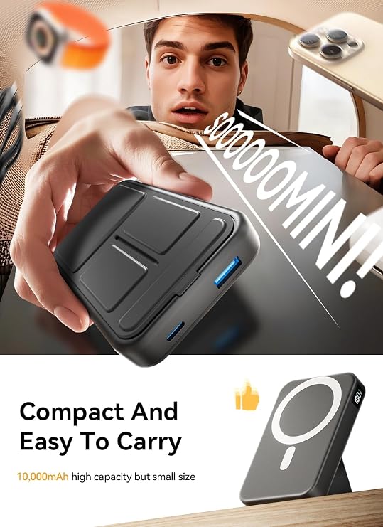 Magnetic Portable Charger, 10000mAh Power Bank with Leather Foldable Stand