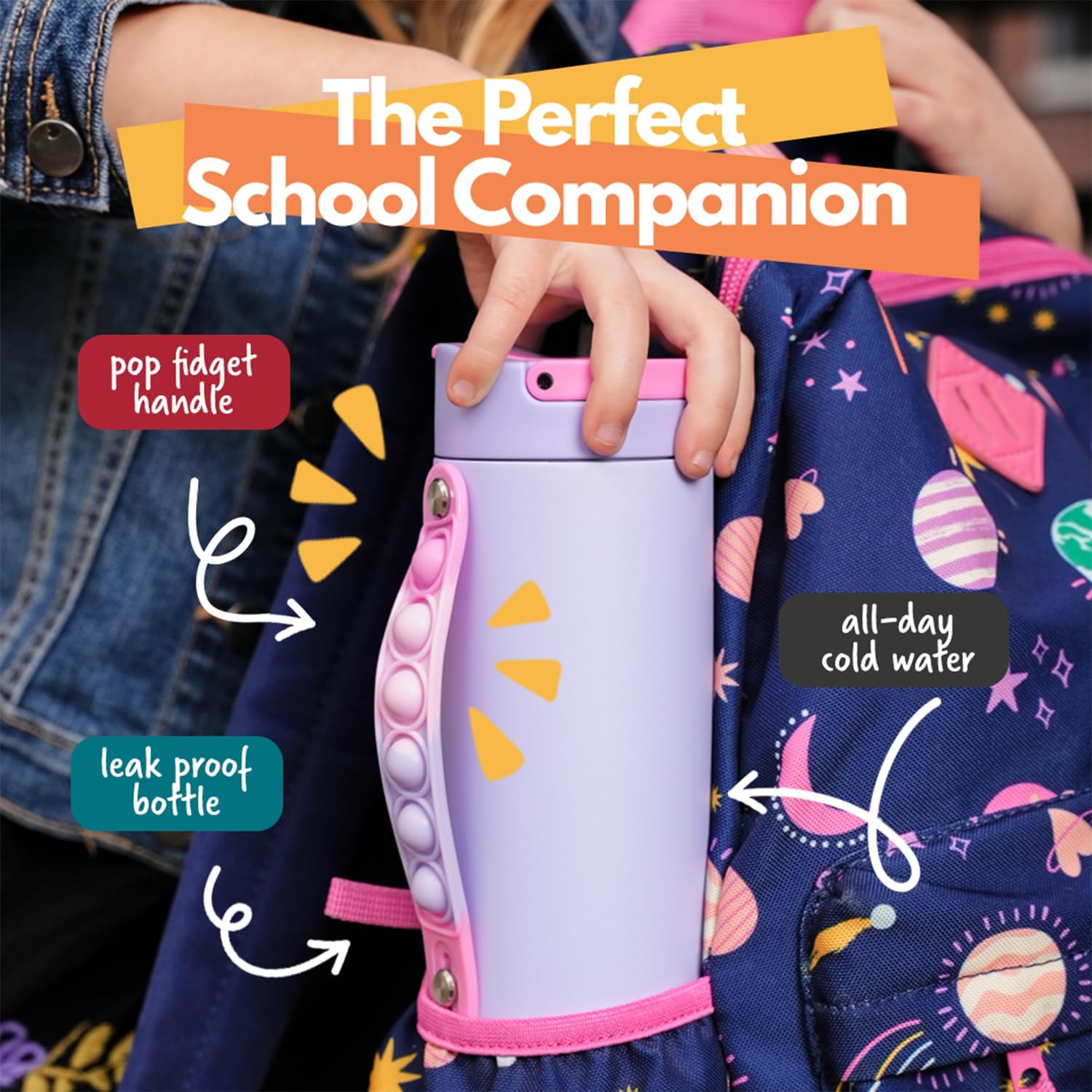 Elemental Iconic Kids Water Bottle for School - 100% Leak-Proof Insulated Water Bottles with Straw Lid & Pop-It Handle for Boys & Girls - Triple-Wall Insulated & BPA-Free, 14oz – Lilac Tie Dye - Image 2