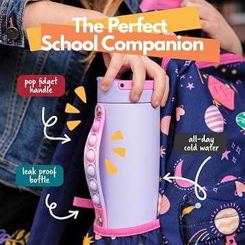 Elemental Iconic Kids Water Bottle for School - 100% Leak-Proof Insulated Water Bottles with Straw Lid & Pop-It Handle for Boys & Girls - Triple-Wall Insulated & BPA-Free, 14oz Lilac Tie Dye
