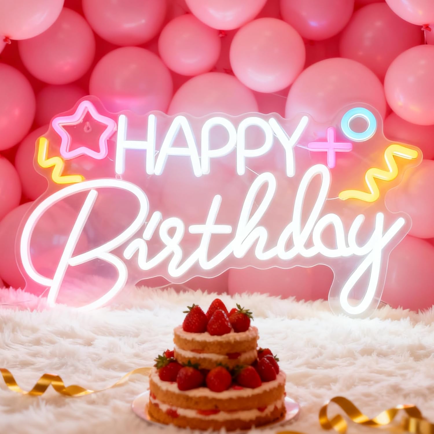 Happy Birthday White LED Neon Sign - USB Powered Wall Table Decor for Birthday Party Venue Living Room Bedroom, Party Decorations Neon Light for Boys Girls Teens