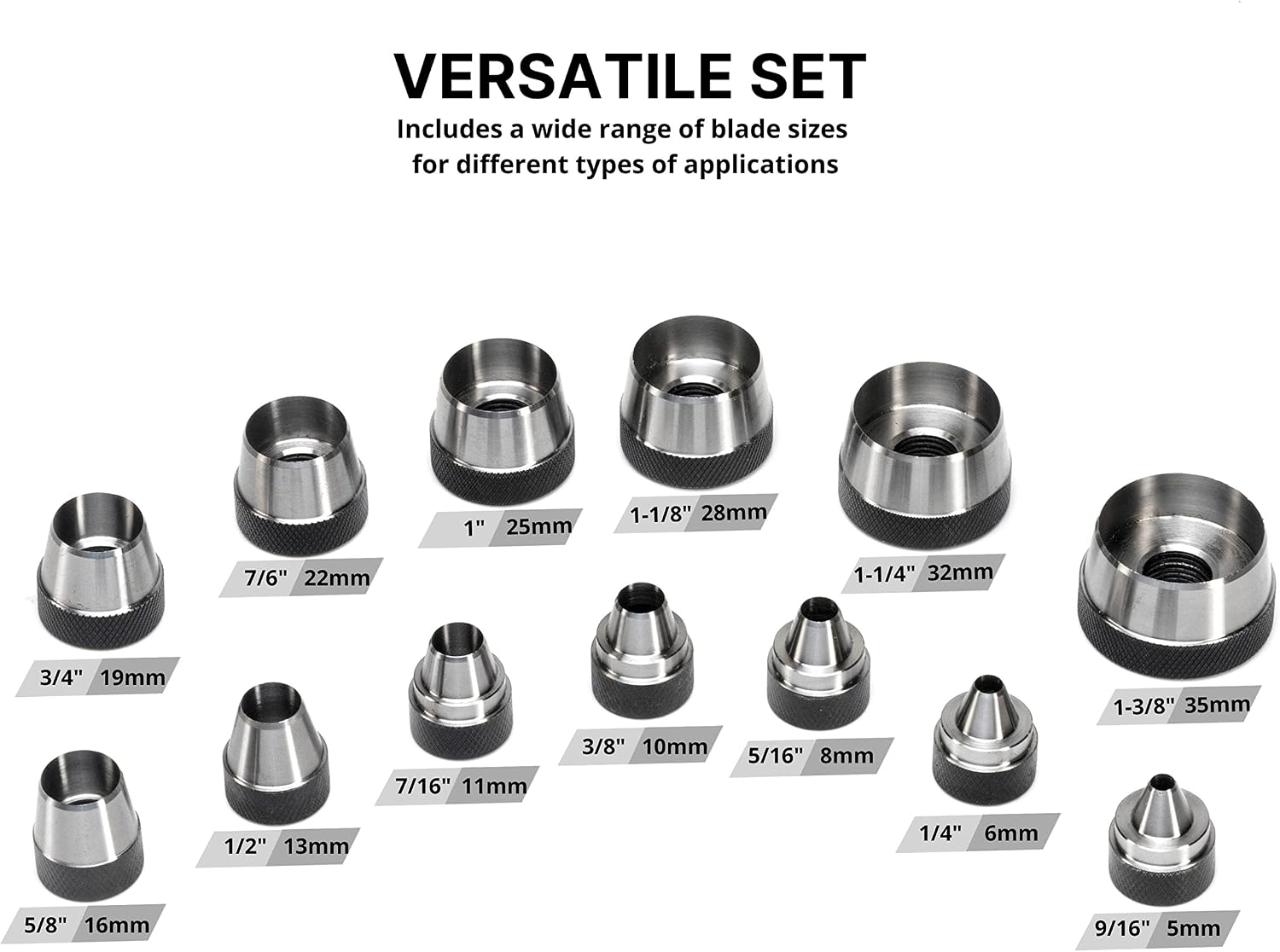 NEIKO 02604A Hole Punch Set | SAE & Metric, 3/16” – 1-3/8” & 5 – 35mm | 14 Piece Sharp Hollow Hole Punch Kit, Gasket Cutting Puncher, Foam Cutter, & Leather Hole Punches | 6” Interchangeable