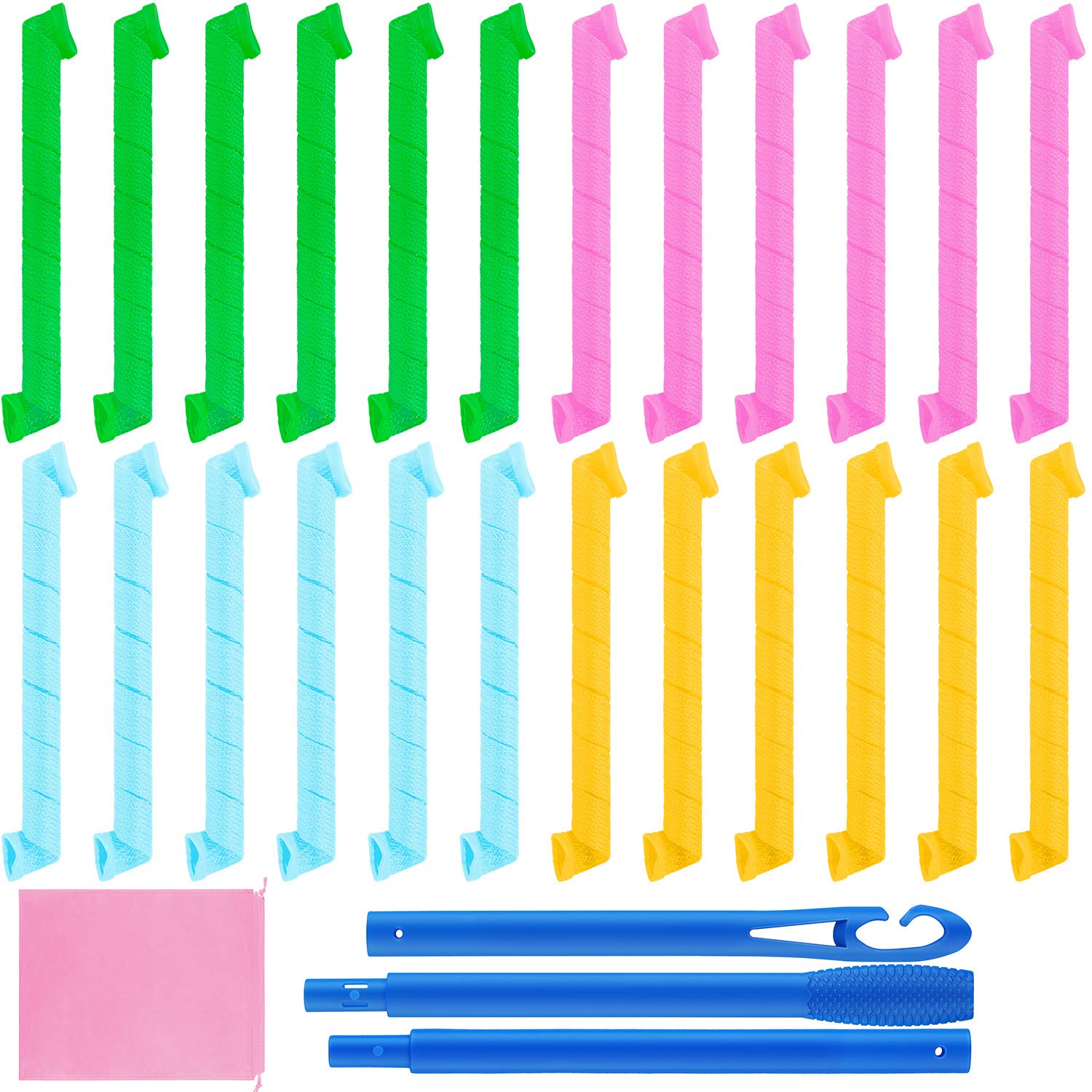 Elcoho 24 Pieces 55 cm Spiral Hair Curlers No Heat Hair Curler Styling Kit Magic Hair Rollers Hair Styling Rollers Tools with 3 Pieces Styling Hooks Spiral Hair Rollers with a Storage Bag (4 Colors)