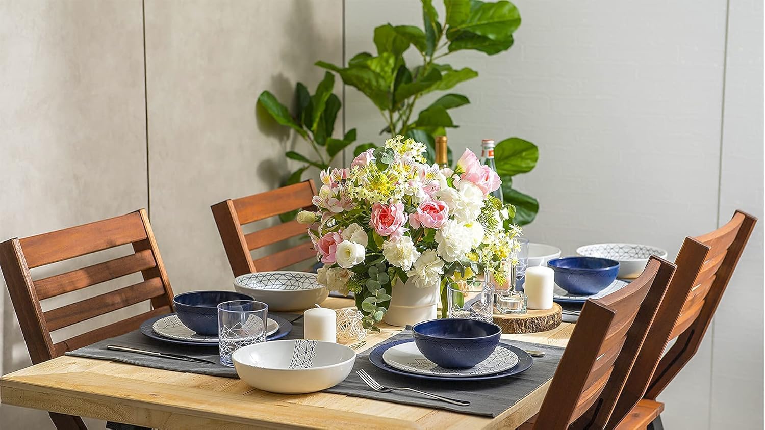 bzyoo BPA-Free Dishwasher Safe 100% Melamine Plate & Bowl Set for Casual dining Indoor and Outdoor Dining Party (12 PCS Dinnerware set, 6pc Tumbler Bundle Set, Spidy French Navy)