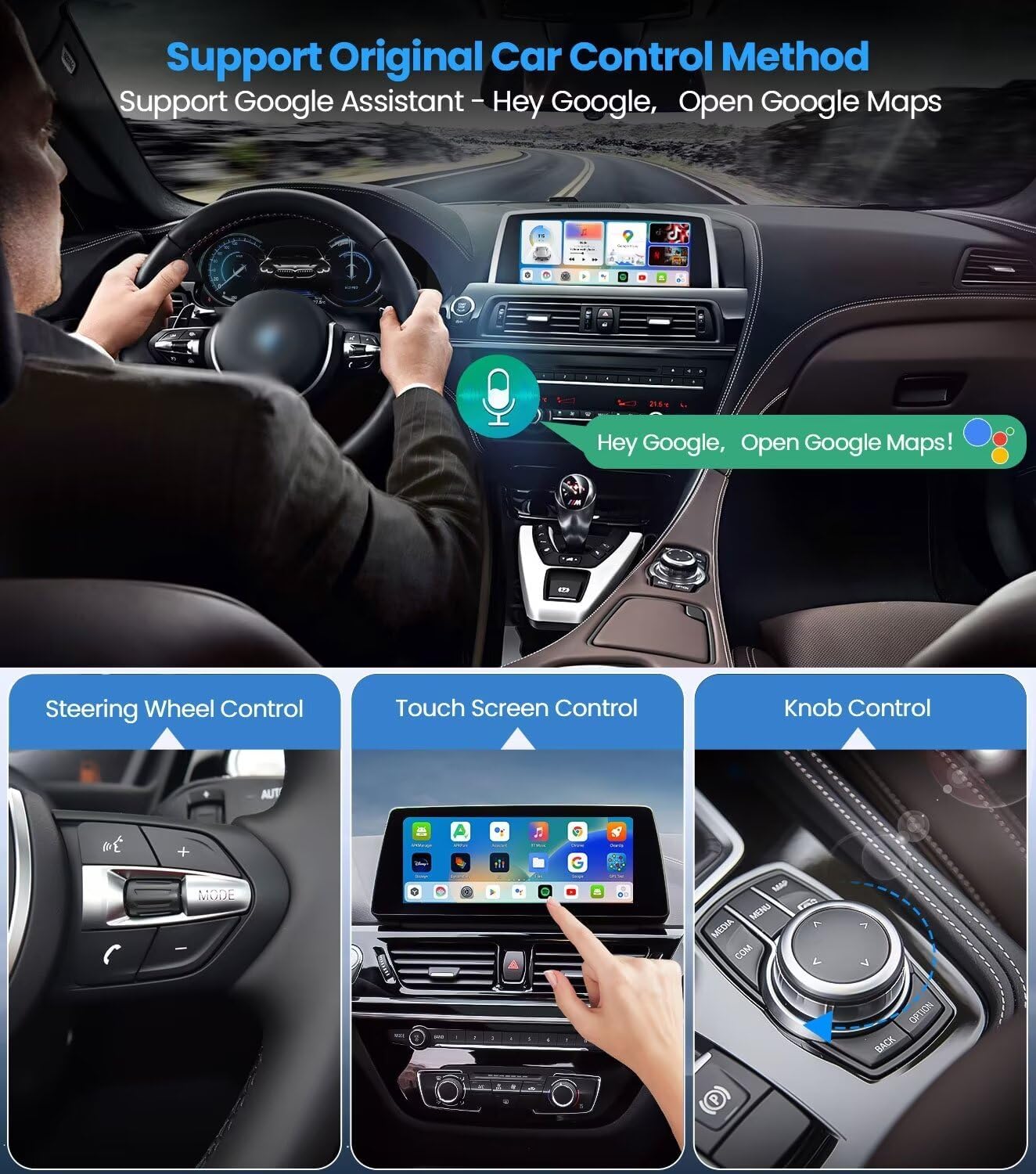 Images showing different control methods for the car's infotainment system.