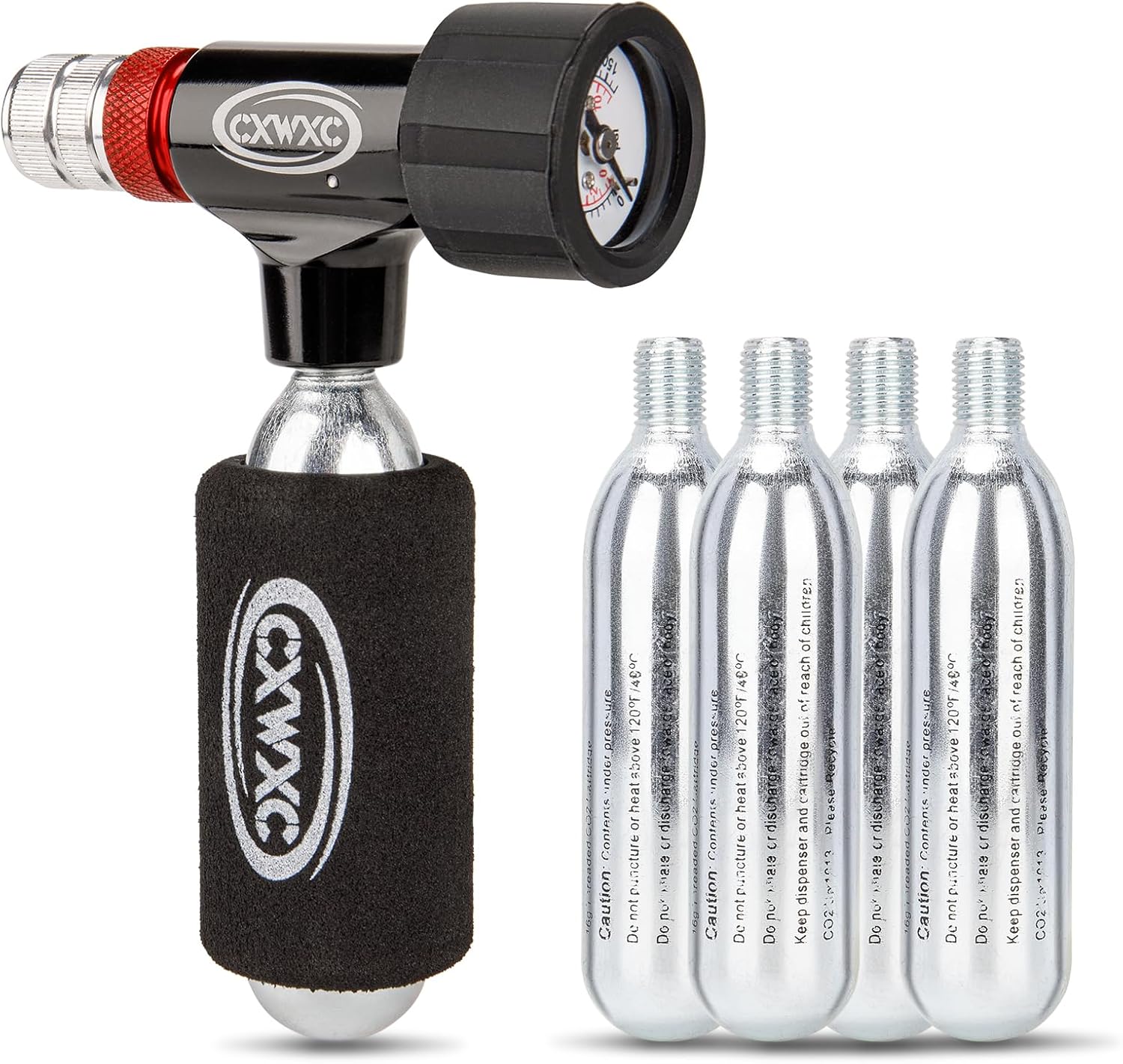 CXWXC CO2 Inflator with Pressure Gauge / 5 x 16g CO2 Cartridges - Presta & Schrader Valve Compatible - CO2 Bike Pump for Road and Mountain Bikes