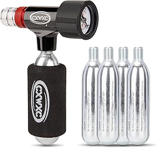 CXWXC CO2 Inflator with Pressure Gauge / 5 x 16g CO2 Cartridges - Presta & Schrader Valve Compatible - CO2 Bike Pump for Road and Mountain Bikes