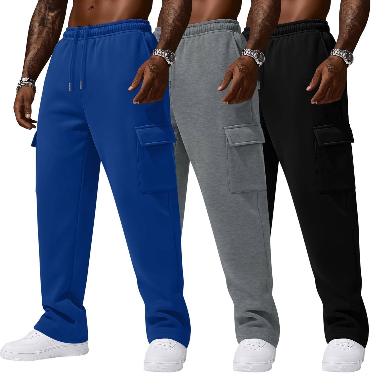 3 Pack Men's Cargo Sweatpants Baggy Joggers Lightweight Casual Built-in Drawstring Tapered Pants with Pockets
