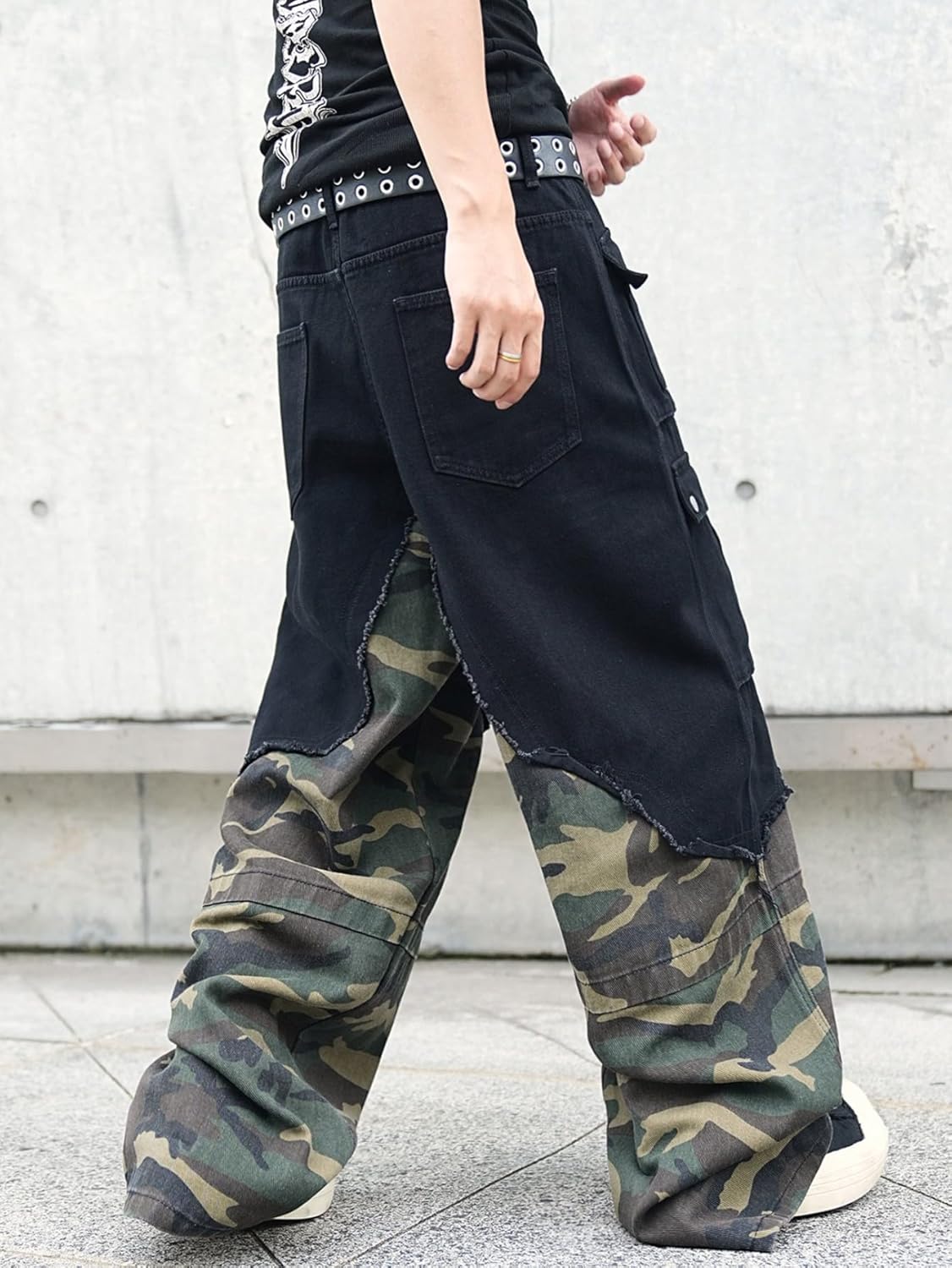 Mens Goth Baggy Cargo Jeans with Pockets Steampunk Patchwork Embroidery Wide Leg Denim Pants - Image 5