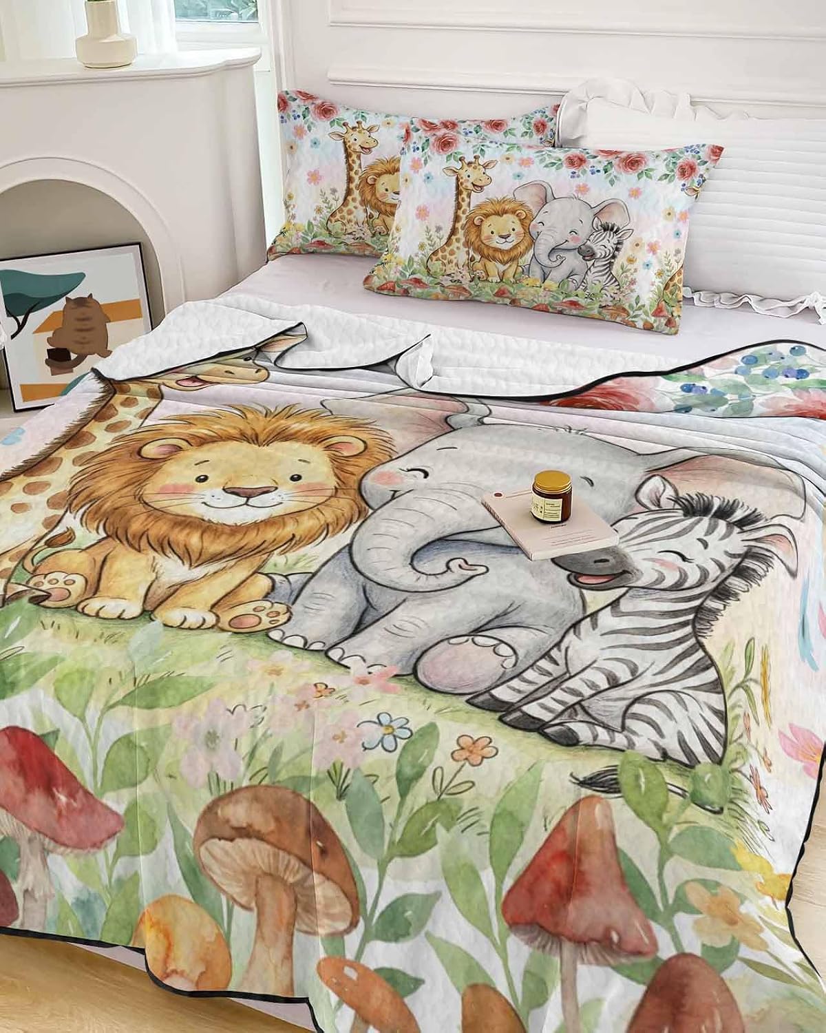 Children's Day Lions Elephants Queen Quilt Bedding Set,Summer Quilt Lightweight Quilted Coverlet with 2 Pillow Shams, Red Rose Zebras Giraffes 3-Piece Bedspread Quilt Set for All Season